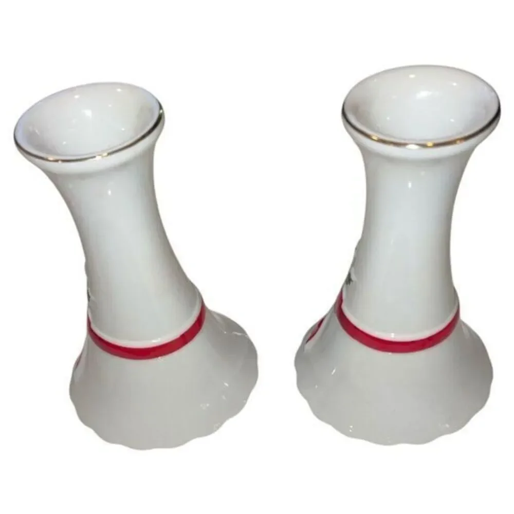 Mount Clemens Vtg Porcelain Christmas Candle Holders Pair‎ Ribbon Holly Japan